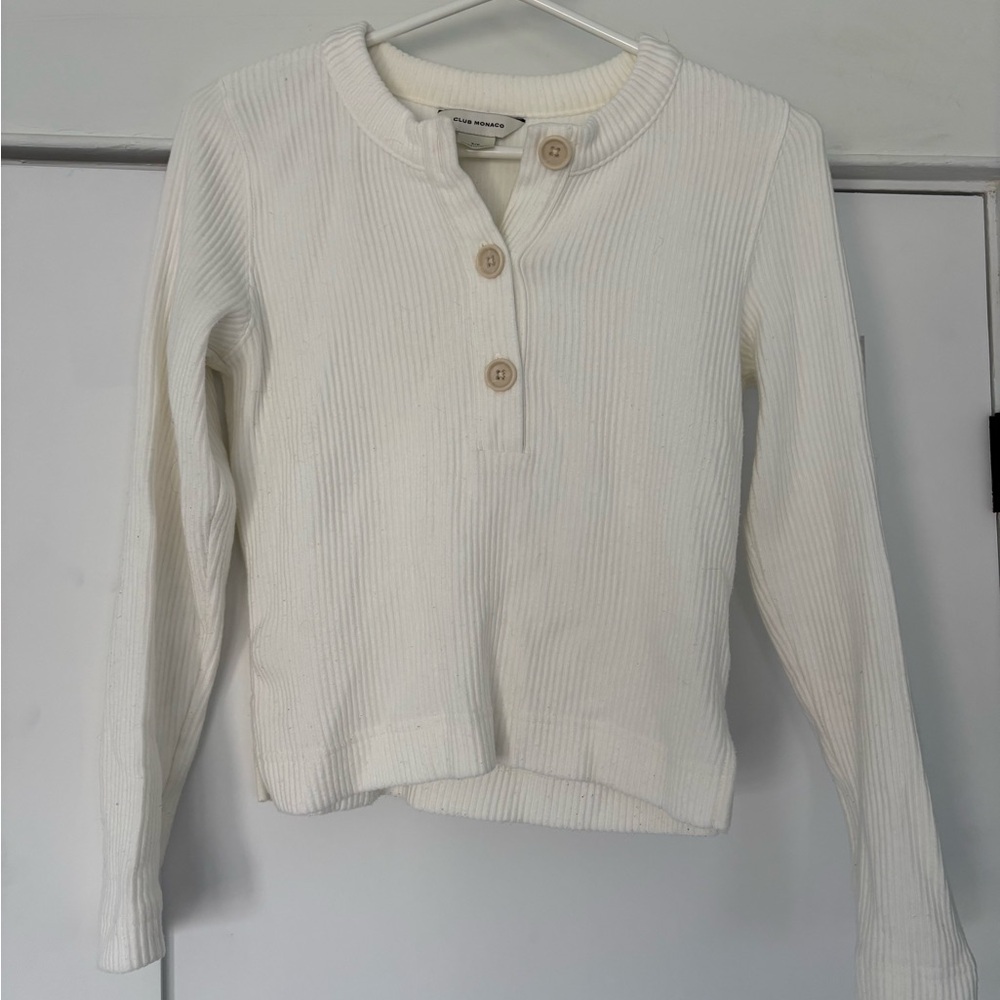 Club Monaco White Ribbed Henley Long-Sleeve Sweater